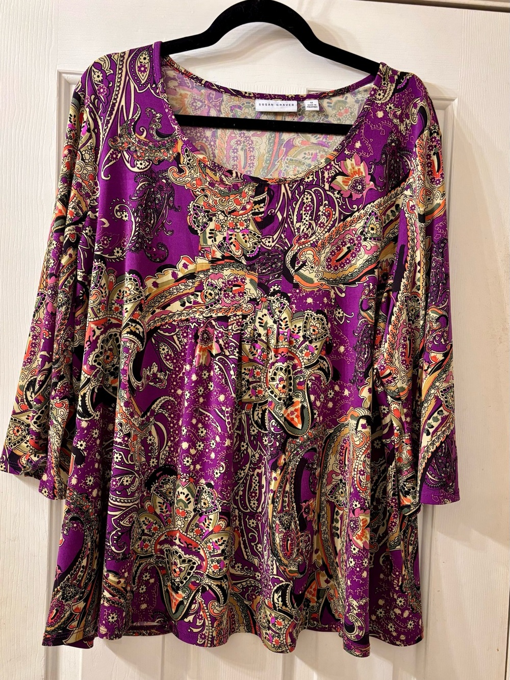 Susan Graver Paisley Scoop Neck Women's Top in Purple 1X EUC